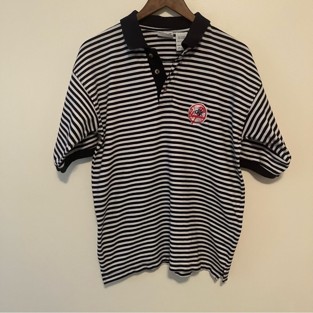 VTG NY Yankees 90s Iron Knight Athletics Navy White Striped Knit Polo Mens M